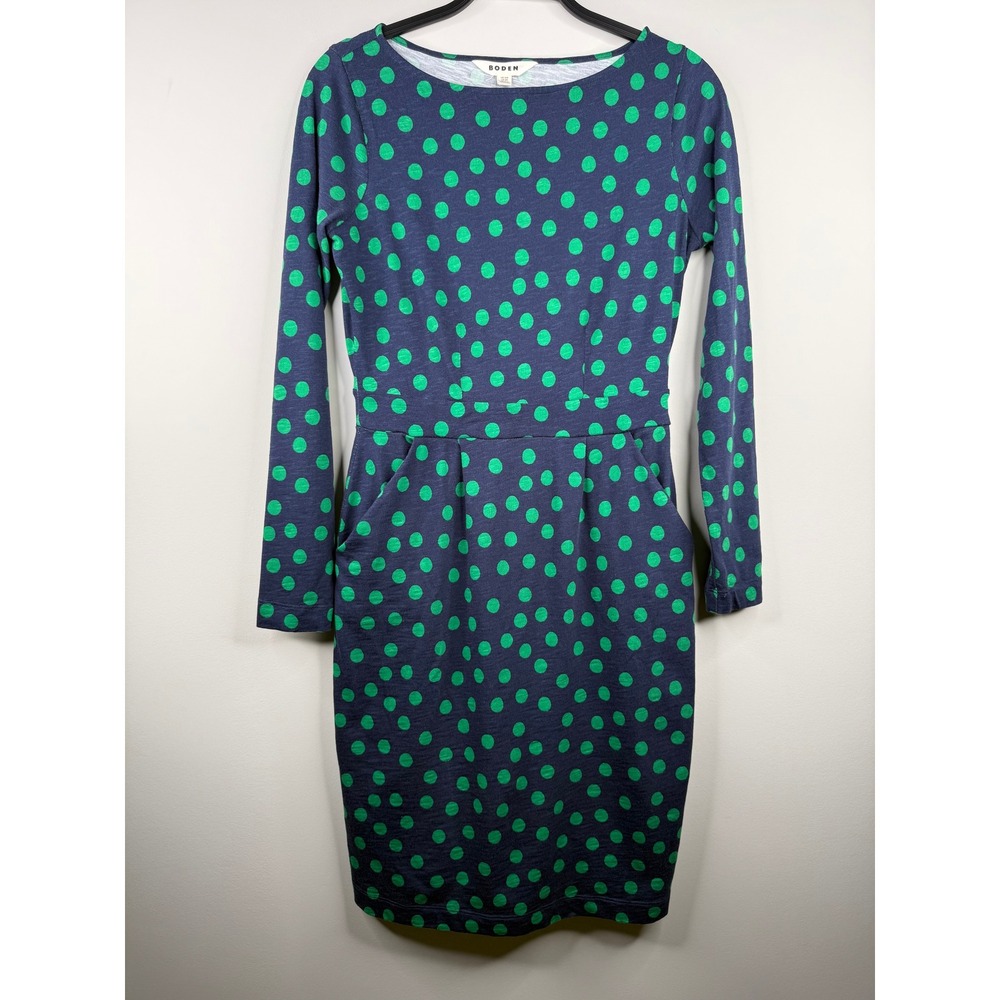 Boden Womens Dress US 6R UK 10R Navy Green Polka Dot Long Sleeve Pockets Cotton